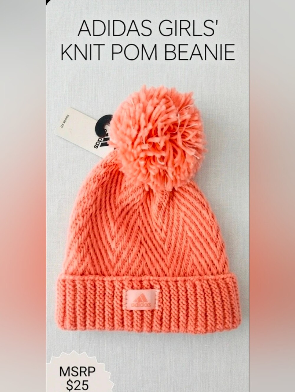 Adidas Girls' Knit Pom Beanie – Coral/Peach